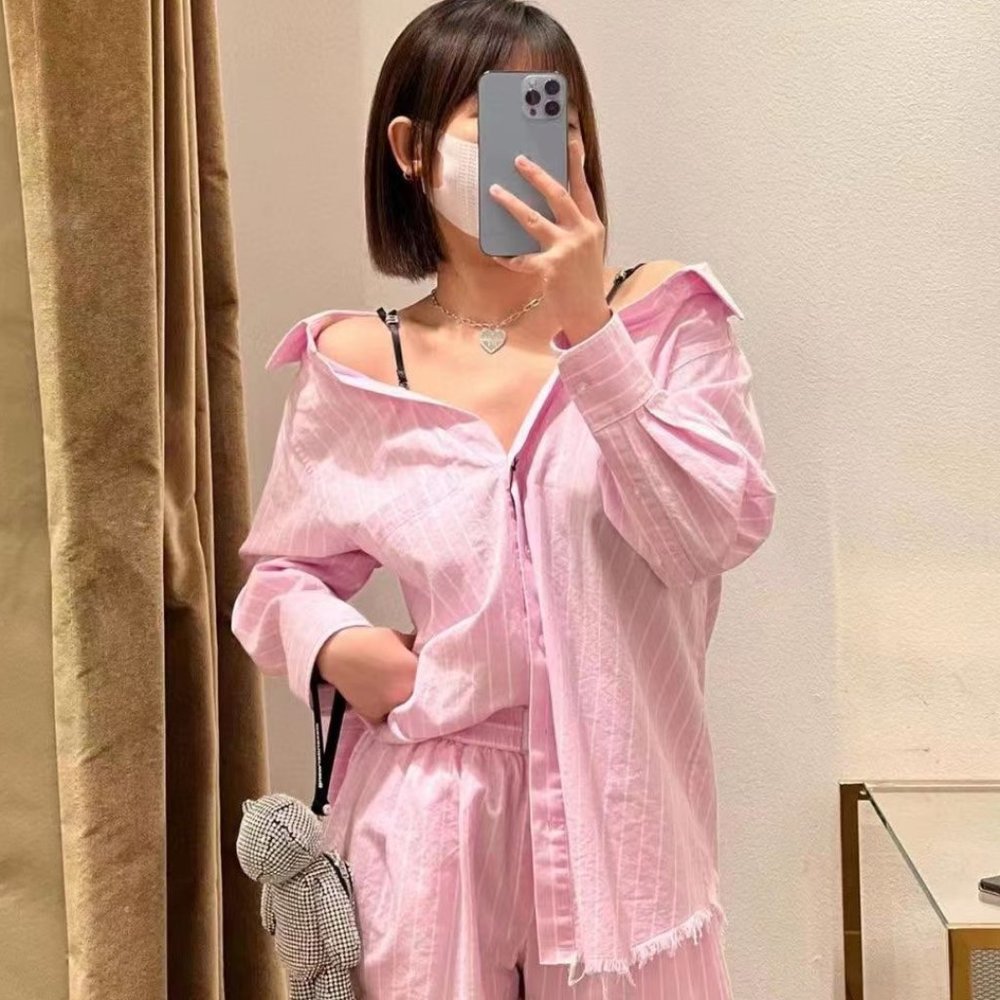 Pink Alexander Wang Off-Shoulder Striped Shirt set